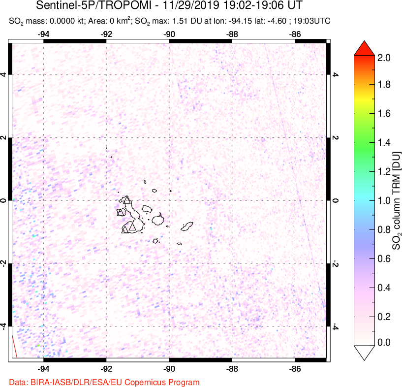 A sulfur dioxide image over Galápagos Islands on Nov 29, 2019.