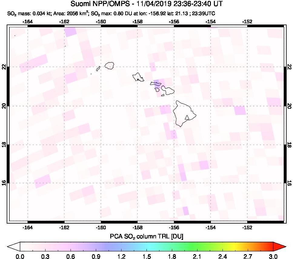 A sulfur dioxide image over Hawaii, USA on Nov 04, 2019.