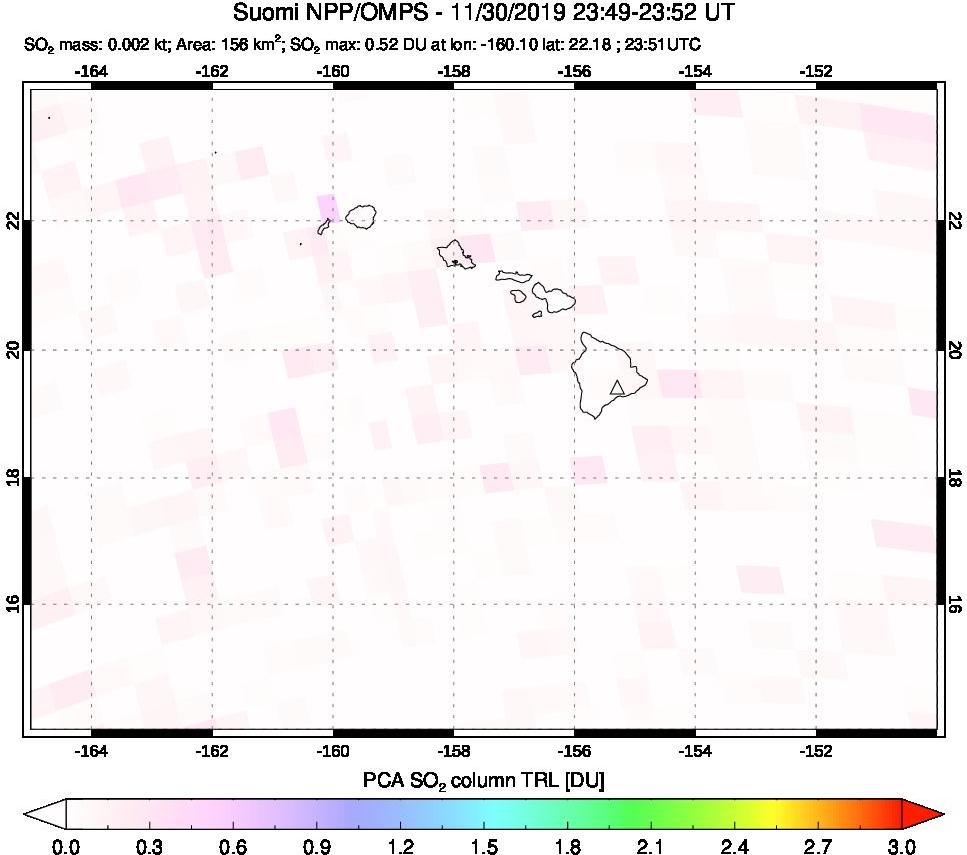 A sulfur dioxide image over Hawaii, USA on Nov 30, 2019.