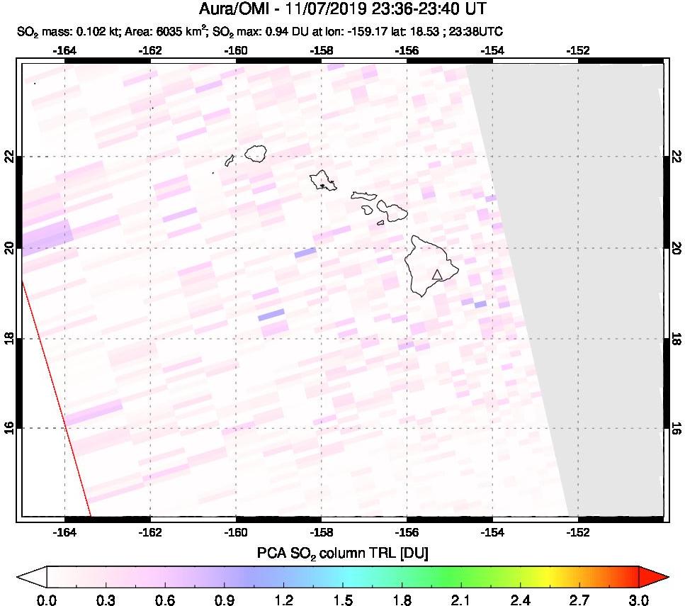 A sulfur dioxide image over Hawaii, USA on Nov 07, 2019.