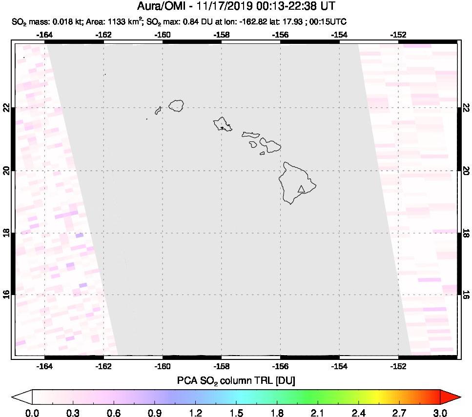 A sulfur dioxide image over Hawaii, USA on Nov 17, 2019.