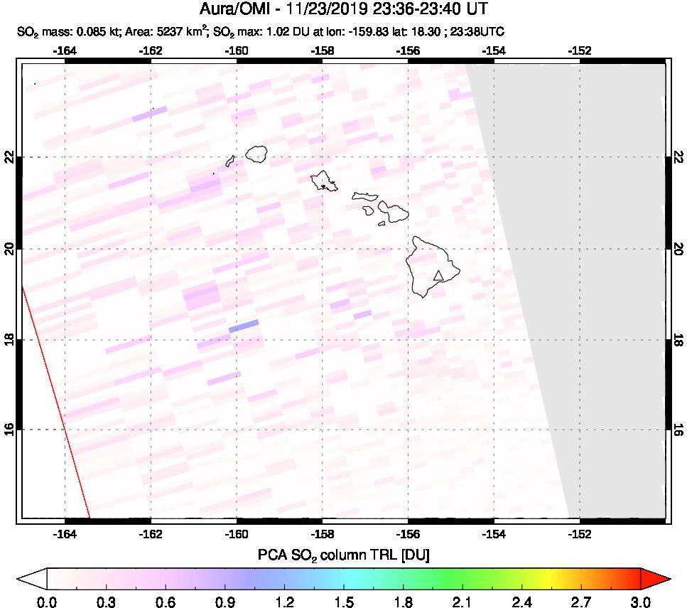 A sulfur dioxide image over Hawaii, USA on Nov 23, 2019.