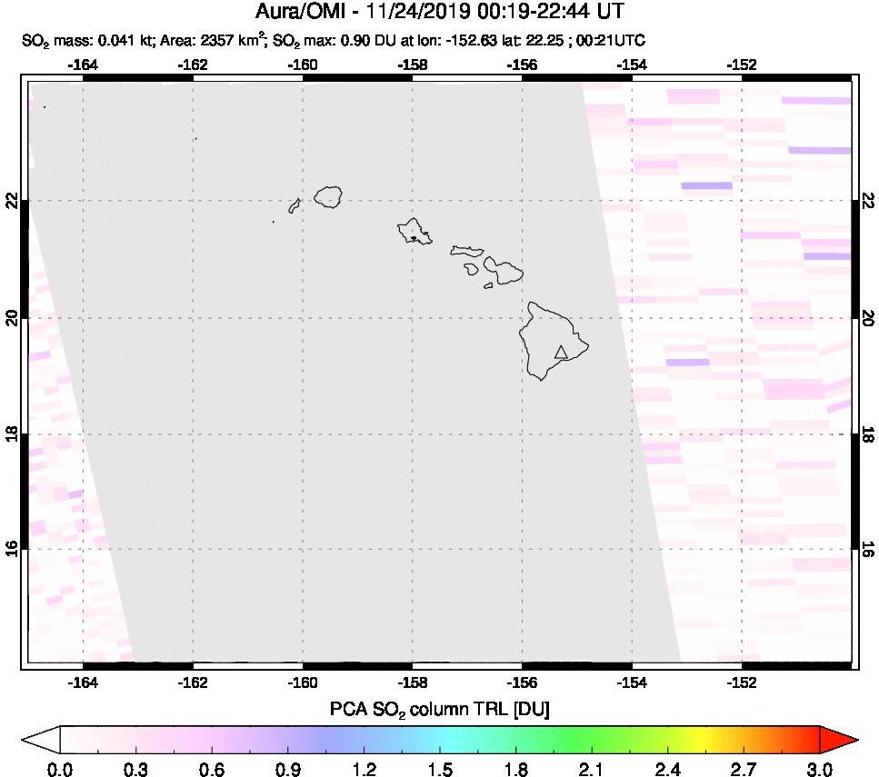 A sulfur dioxide image over Hawaii, USA on Nov 24, 2019.