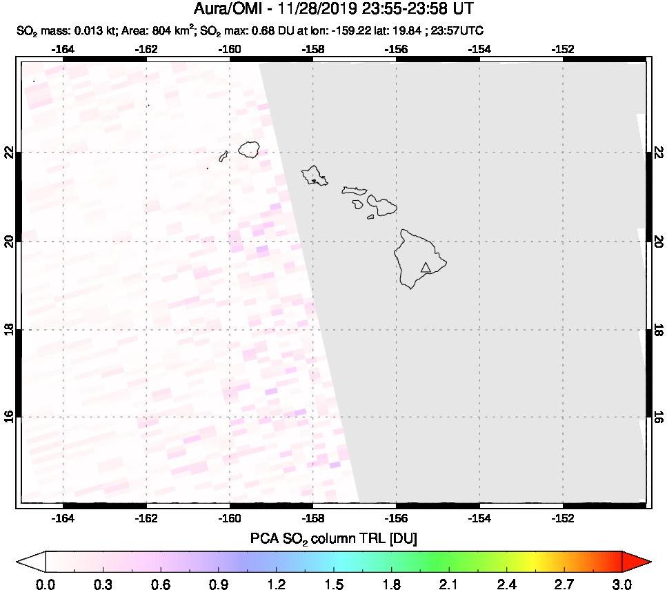 A sulfur dioxide image over Hawaii, USA on Nov 28, 2019.