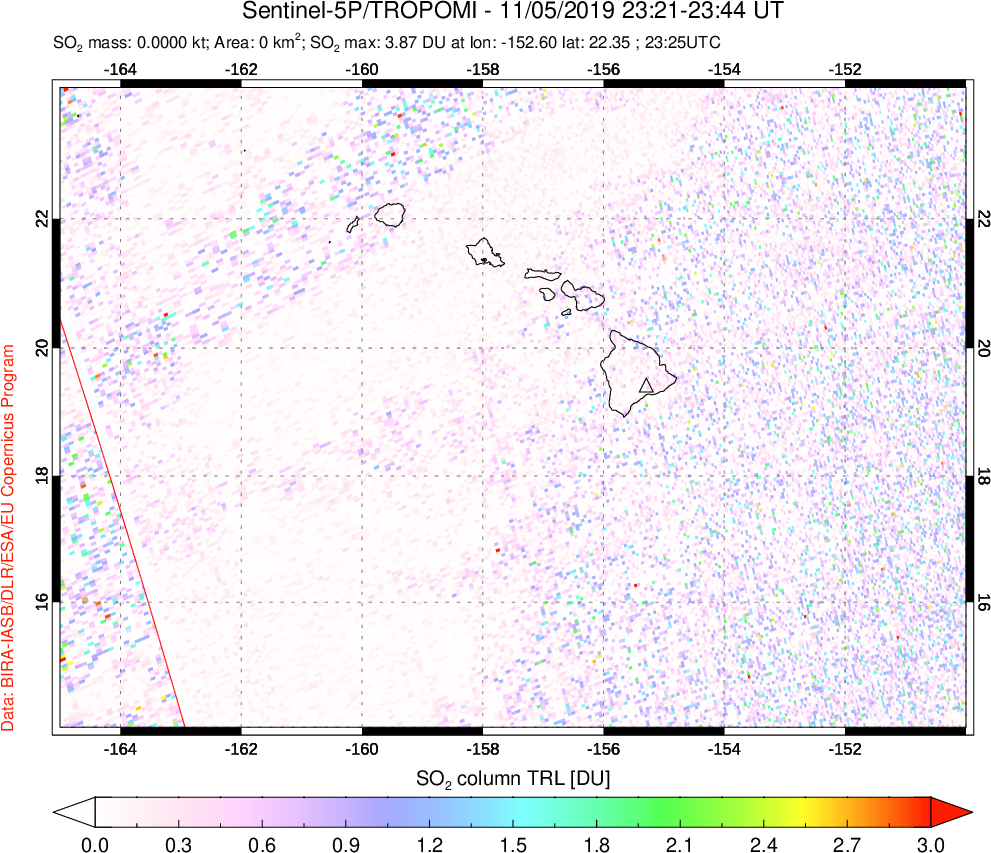 A sulfur dioxide image over Hawaii, USA on Nov 05, 2019.