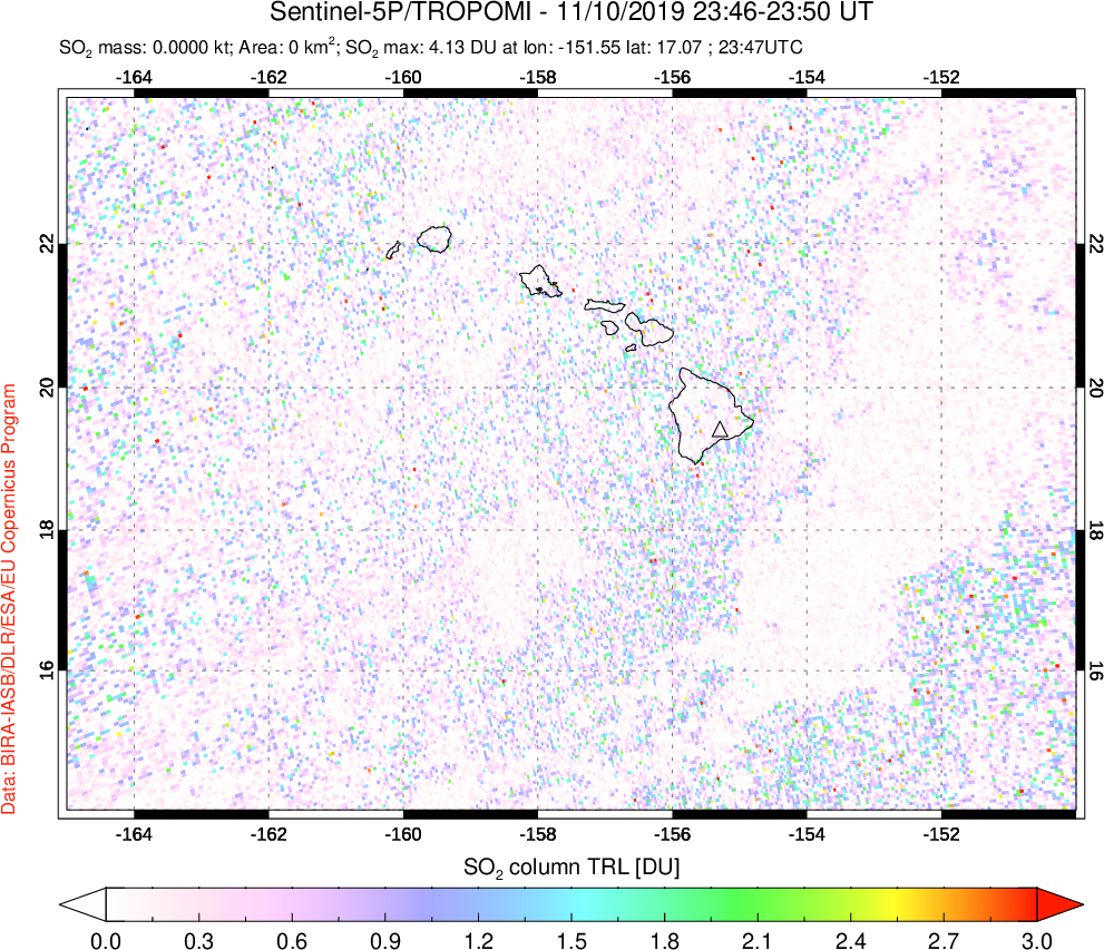 A sulfur dioxide image over Hawaii, USA on Nov 10, 2019.