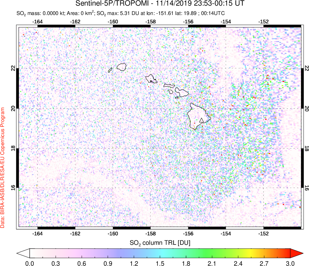 A sulfur dioxide image over Hawaii, USA on Nov 14, 2019.