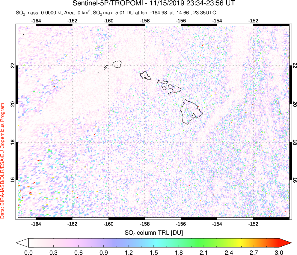 A sulfur dioxide image over Hawaii, USA on Nov 15, 2019.