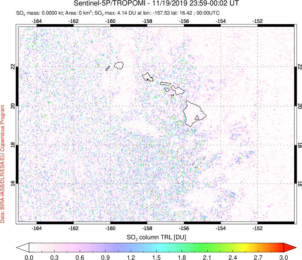 A sulfur dioxide image over Hawaii, USA on Nov 19, 2019.