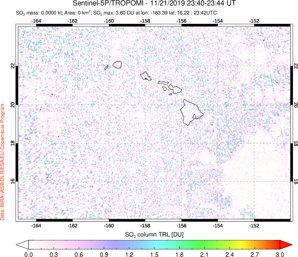 A sulfur dioxide image over Hawaii, USA on Nov 21, 2019.