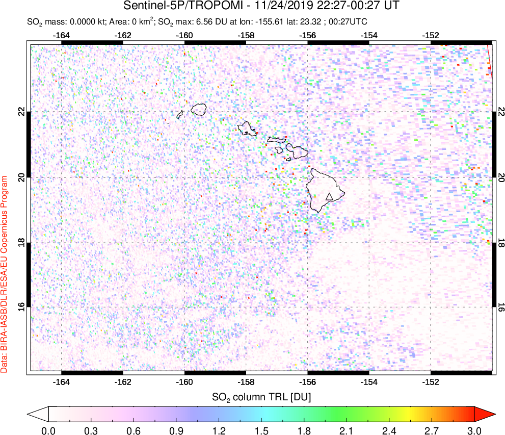 A sulfur dioxide image over Hawaii, USA on Nov 24, 2019.