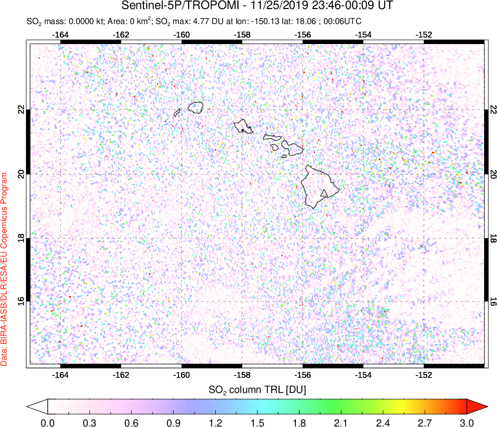 A sulfur dioxide image over Hawaii, USA on Nov 25, 2019.