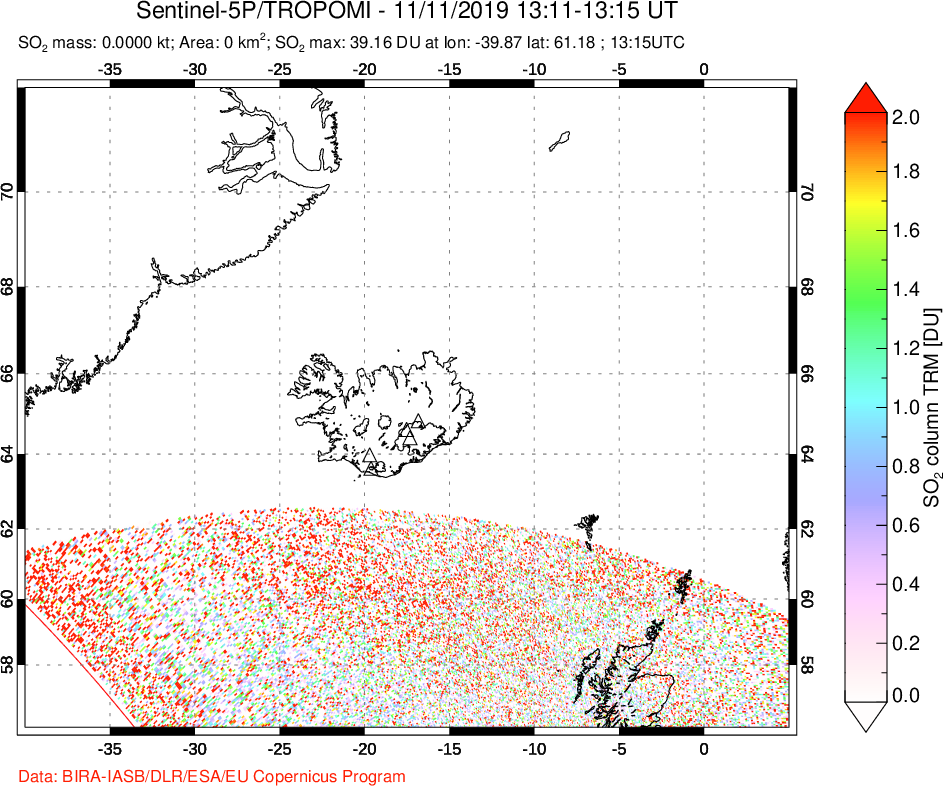 A sulfur dioxide image over Iceland on Nov 11, 2019.
