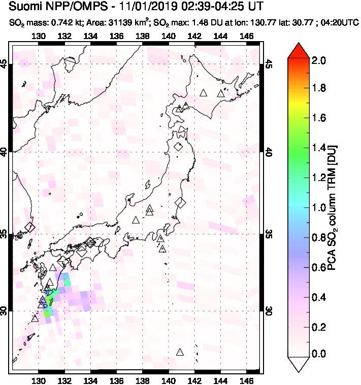 A sulfur dioxide image over Japan on Nov 01, 2019.