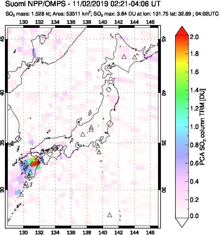 A sulfur dioxide image over Japan on Nov 02, 2019.