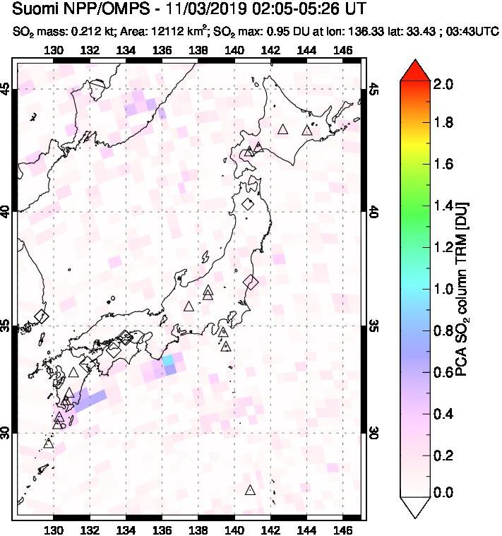 A sulfur dioxide image over Japan on Nov 03, 2019.