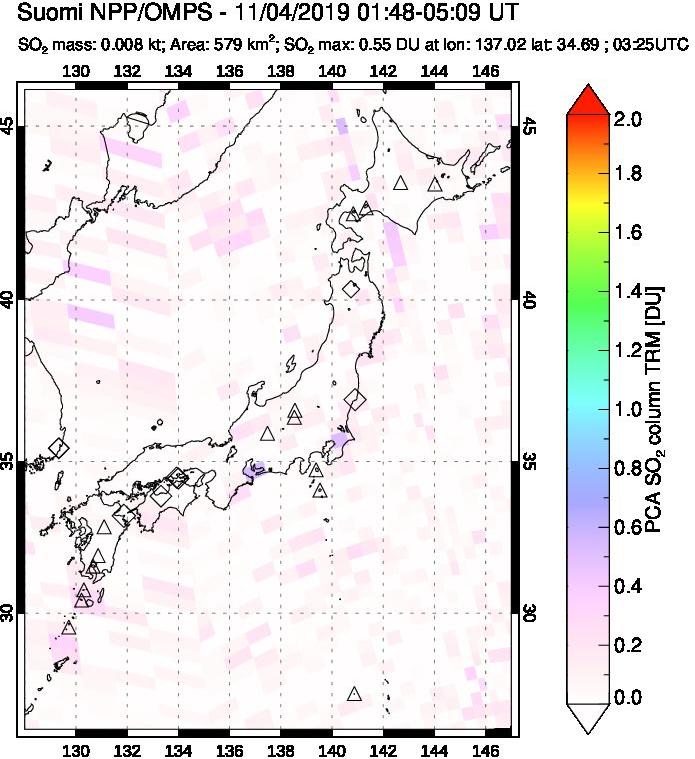 A sulfur dioxide image over Japan on Nov 04, 2019.