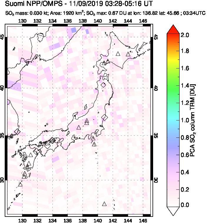 A sulfur dioxide image over Japan on Nov 09, 2019.