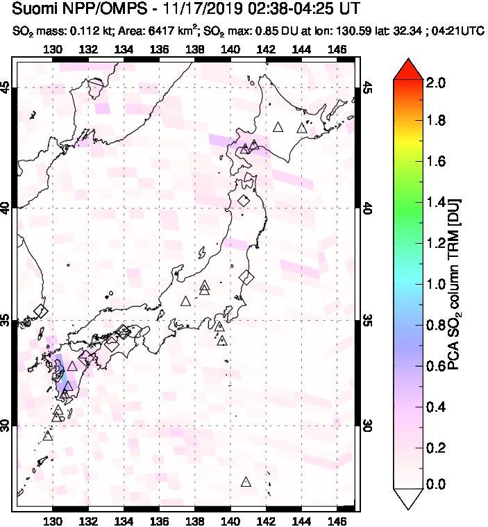 A sulfur dioxide image over Japan on Nov 17, 2019.