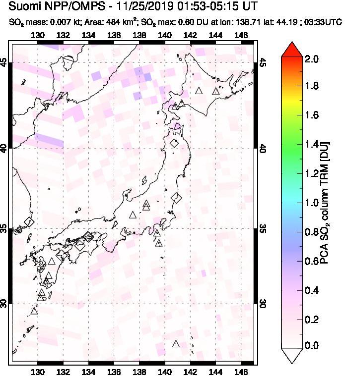 A sulfur dioxide image over Japan on Nov 25, 2019.
