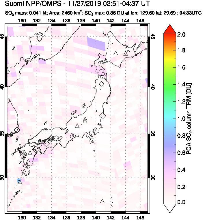 A sulfur dioxide image over Japan on Nov 27, 2019.
