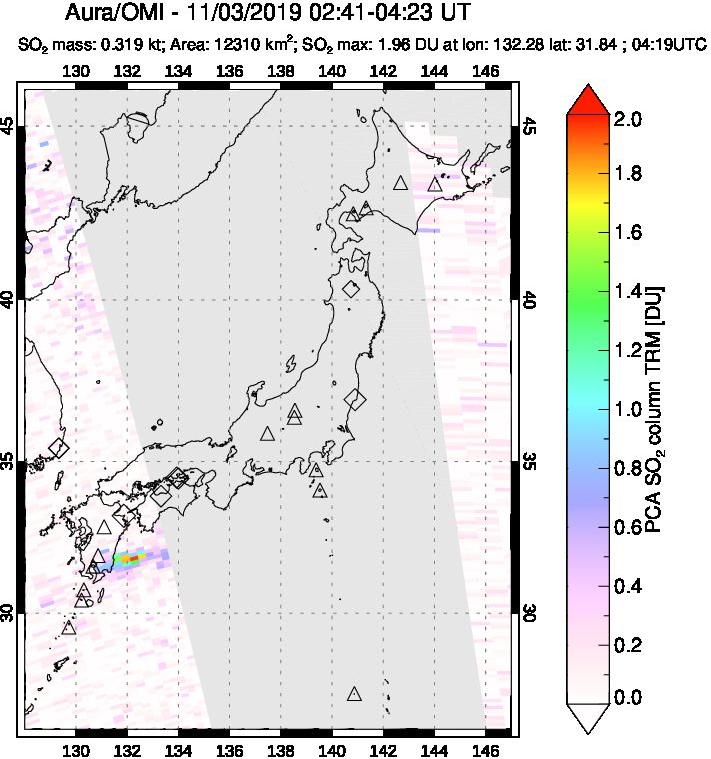 A sulfur dioxide image over Japan on Nov 03, 2019.