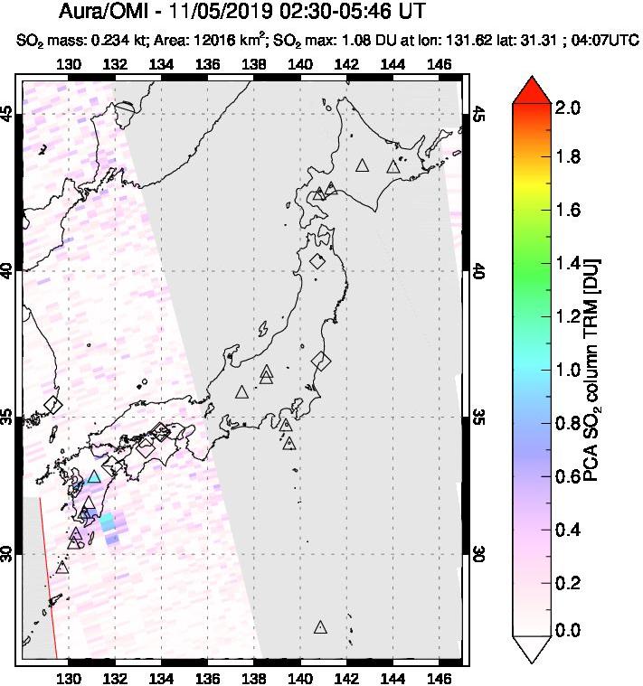 A sulfur dioxide image over Japan on Nov 05, 2019.