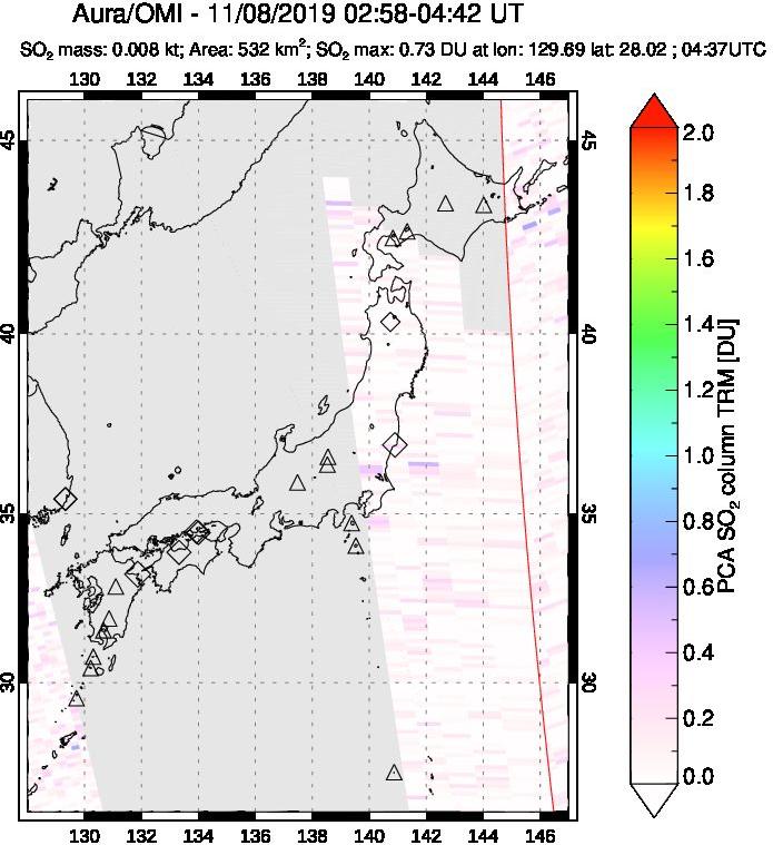A sulfur dioxide image over Japan on Nov 08, 2019.
