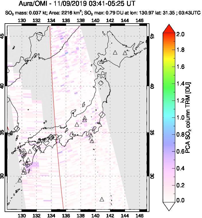 A sulfur dioxide image over Japan on Nov 09, 2019.