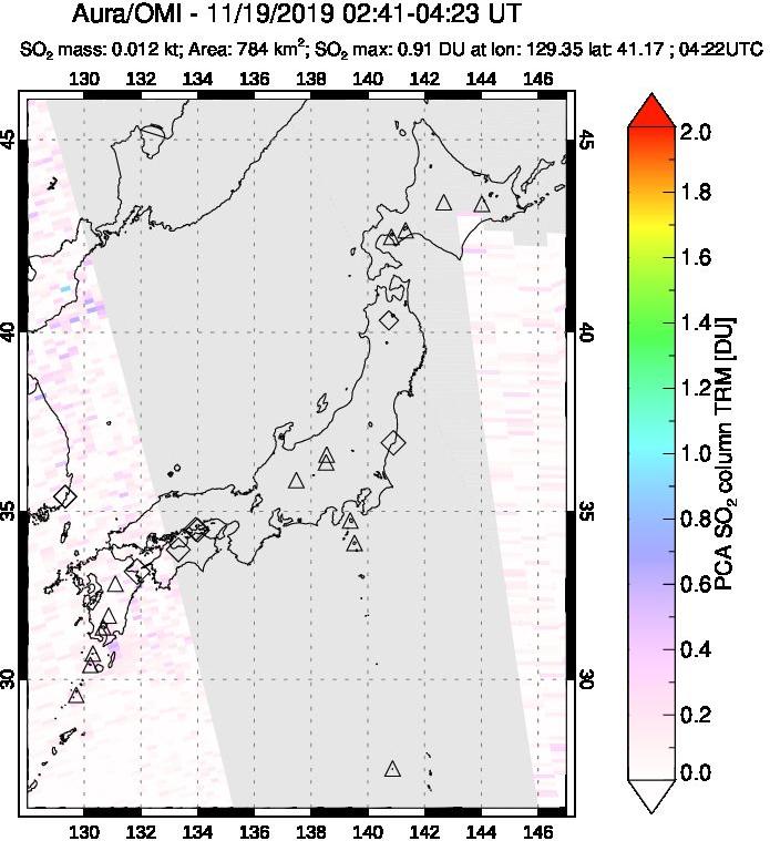 A sulfur dioxide image over Japan on Nov 19, 2019.