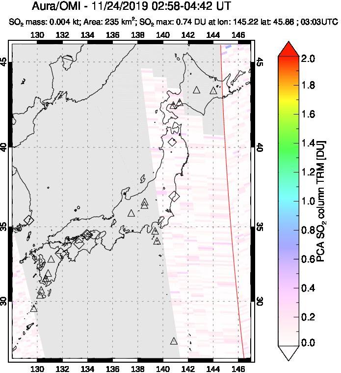 A sulfur dioxide image over Japan on Nov 24, 2019.