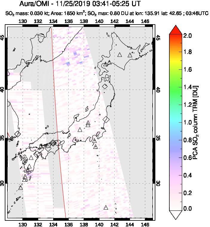 A sulfur dioxide image over Japan on Nov 25, 2019.