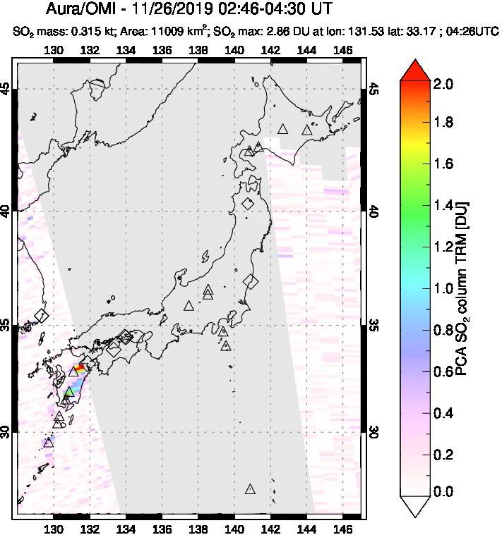 A sulfur dioxide image over Japan on Nov 26, 2019.