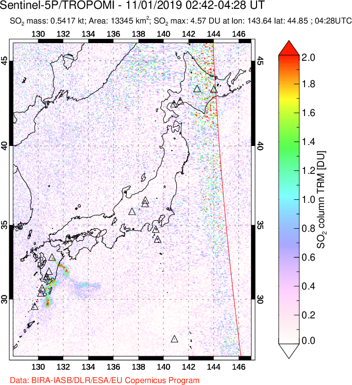 A sulfur dioxide image over Japan on Nov 01, 2019.