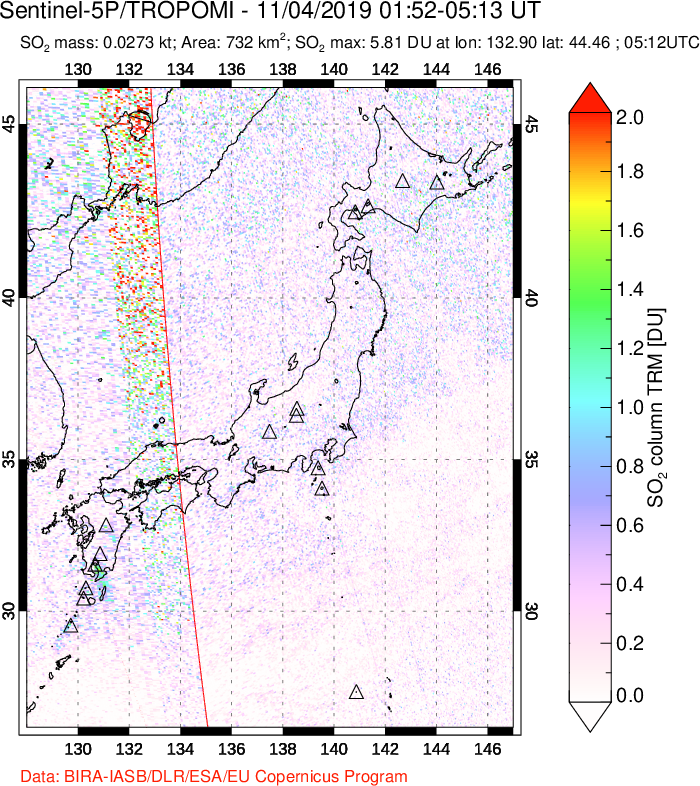 A sulfur dioxide image over Japan on Nov 04, 2019.