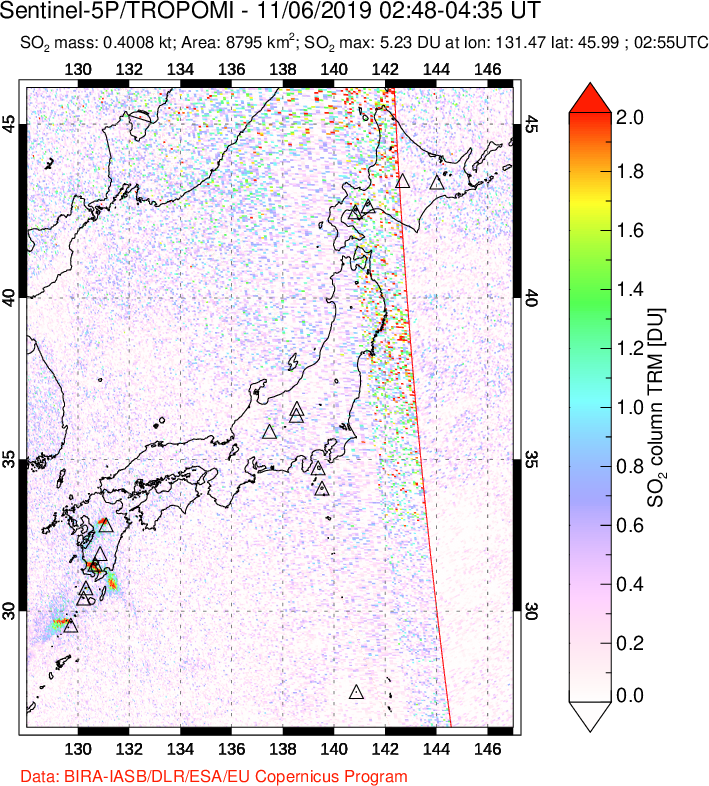 A sulfur dioxide image over Japan on Nov 06, 2019.