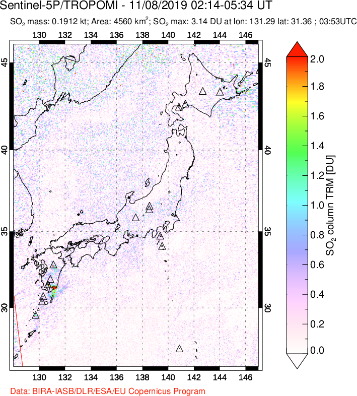 A sulfur dioxide image over Japan on Nov 08, 2019.