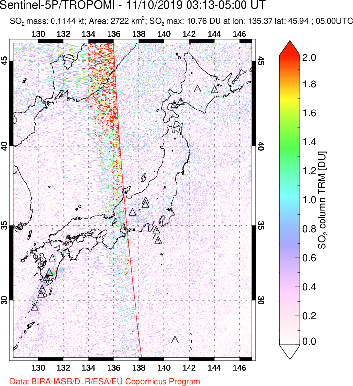 A sulfur dioxide image over Japan on Nov 10, 2019.