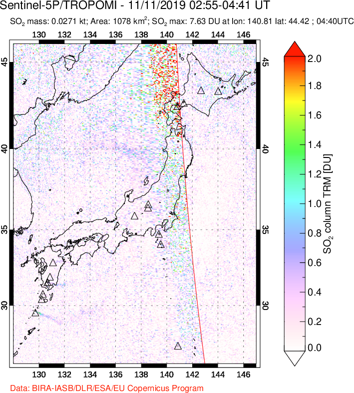 A sulfur dioxide image over Japan on Nov 11, 2019.