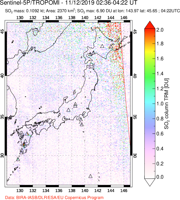 A sulfur dioxide image over Japan on Nov 12, 2019.