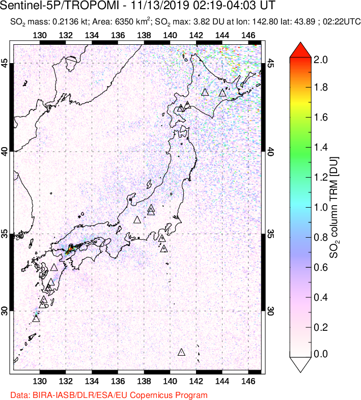 A sulfur dioxide image over Japan on Nov 13, 2019.
