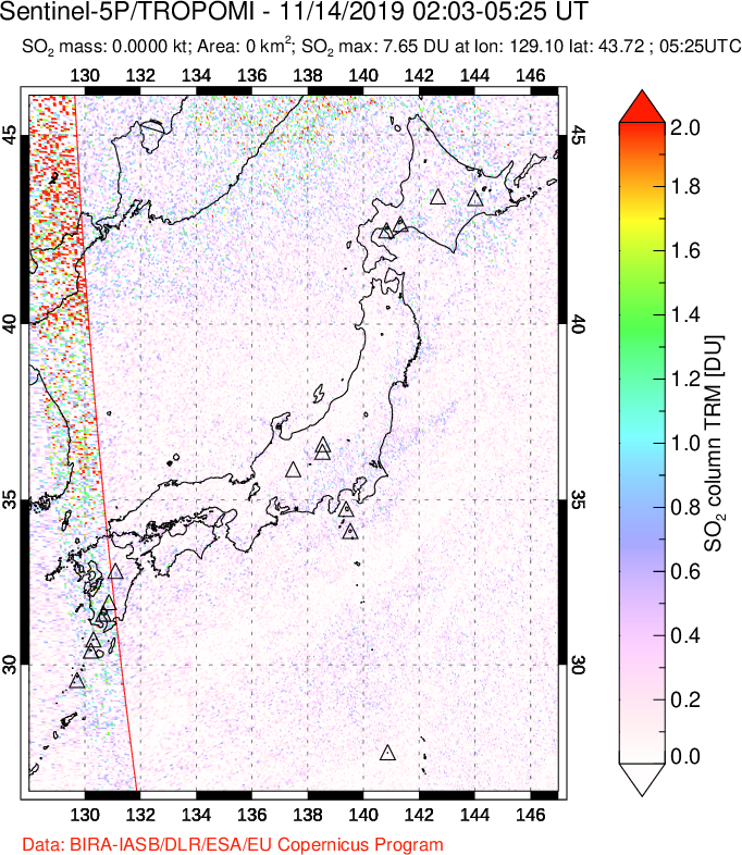 A sulfur dioxide image over Japan on Nov 14, 2019.