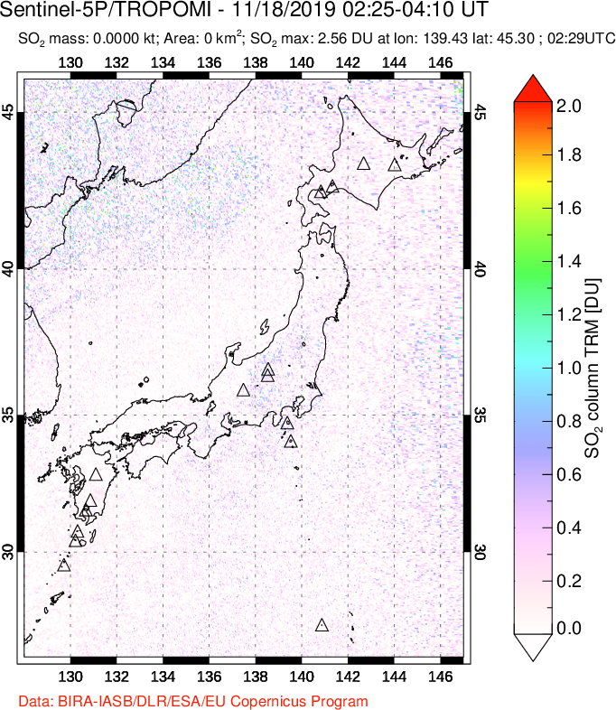 A sulfur dioxide image over Japan on Nov 18, 2019.