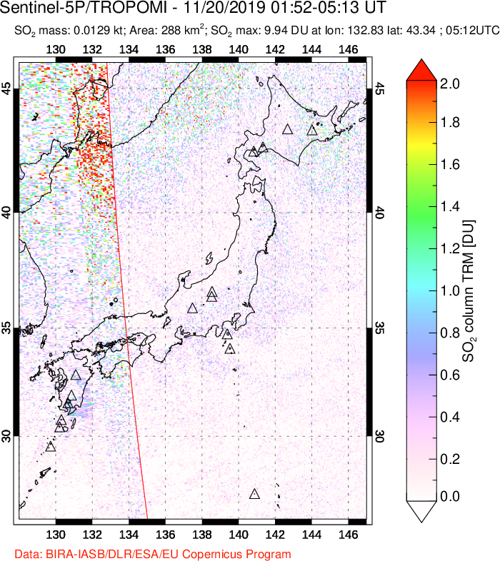 A sulfur dioxide image over Japan on Nov 20, 2019.