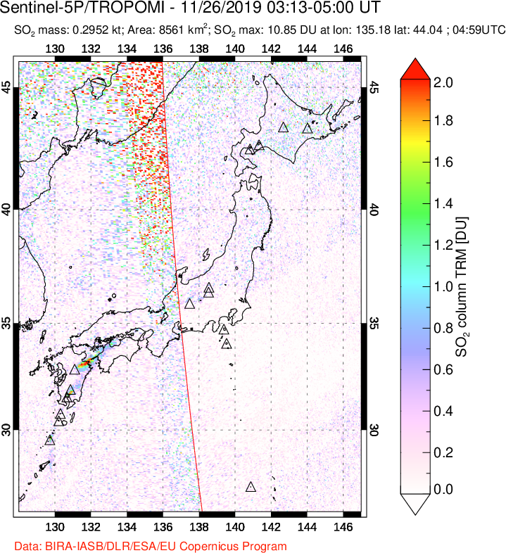 A sulfur dioxide image over Japan on Nov 26, 2019.