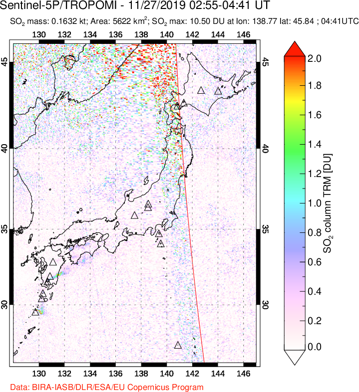 A sulfur dioxide image over Japan on Nov 27, 2019.