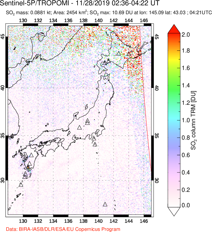 A sulfur dioxide image over Japan on Nov 28, 2019.