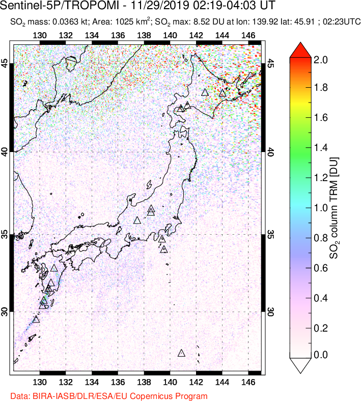 A sulfur dioxide image over Japan on Nov 29, 2019.