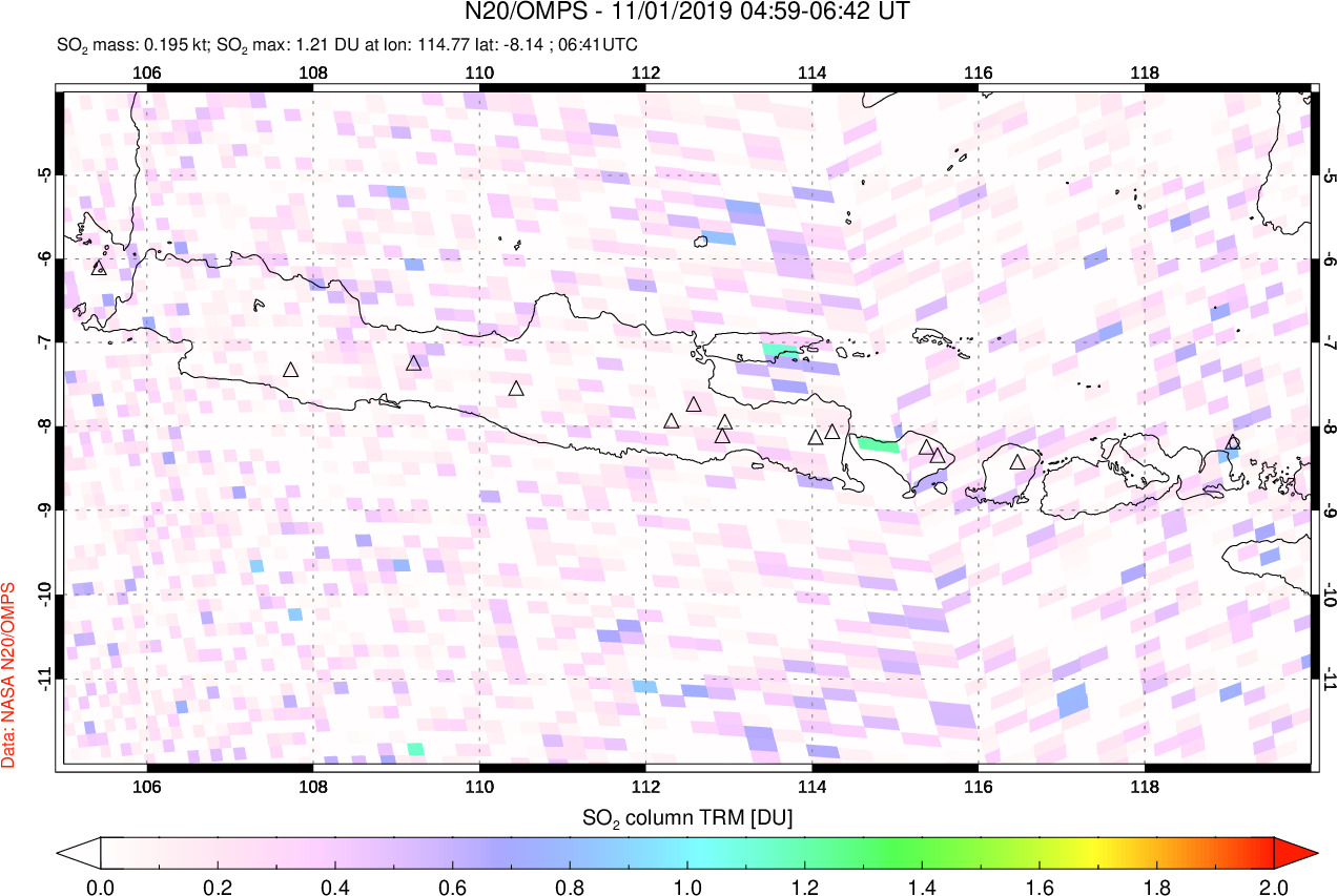 A sulfur dioxide image over Java, Indonesia on Nov 01, 2019.
