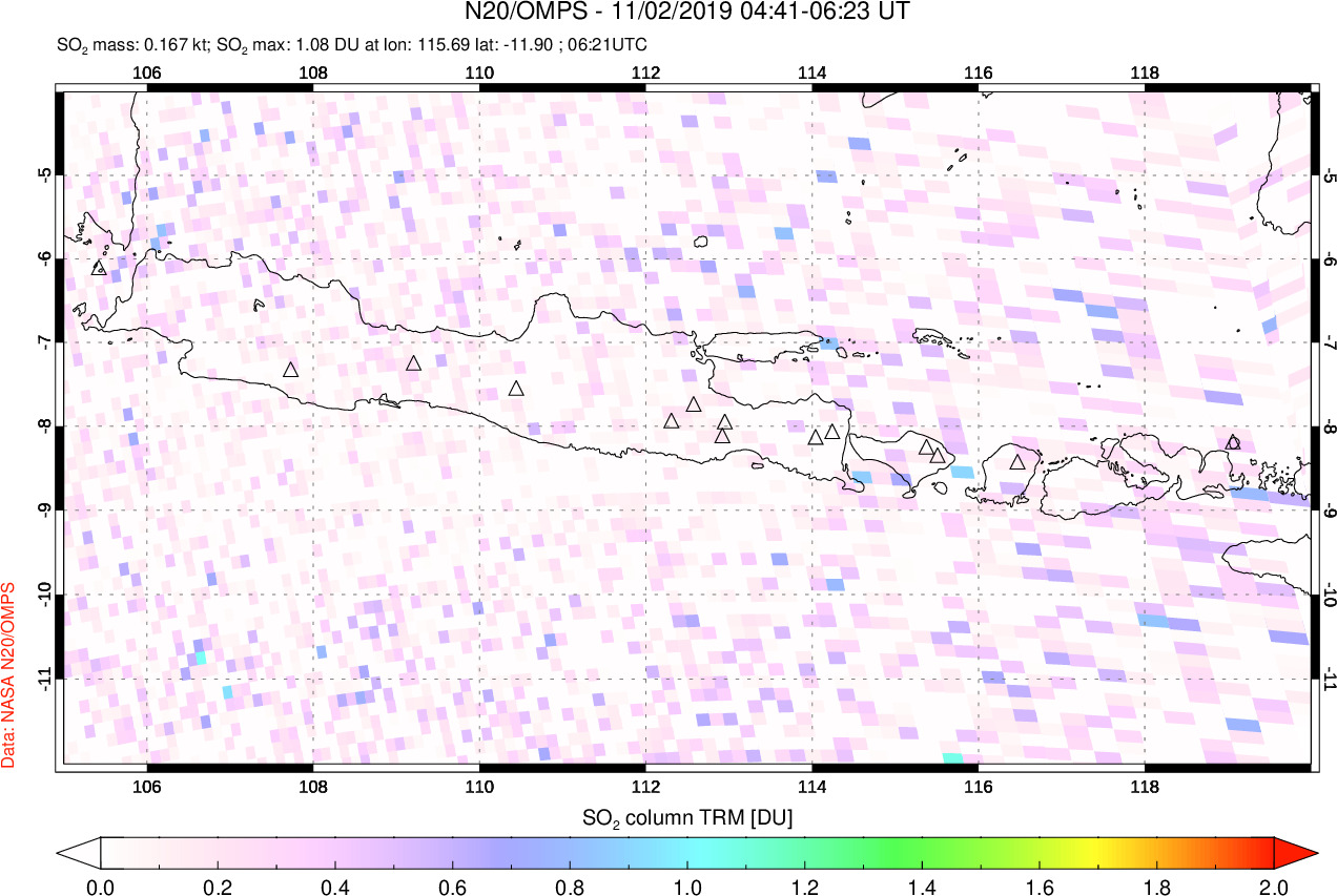 A sulfur dioxide image over Java, Indonesia on Nov 02, 2019.